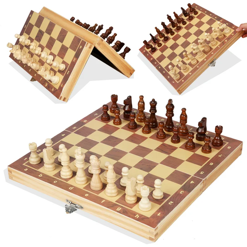 Large Chess Wooden Set Folding Chessboard Magnetic Pieces Wood Board Kids Gift 