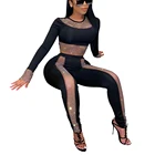 Rhinestone Set Fashion Trendy Splice Rhinestone Long Sleeve 2 Piece Pants Set Women Clothing 2021
