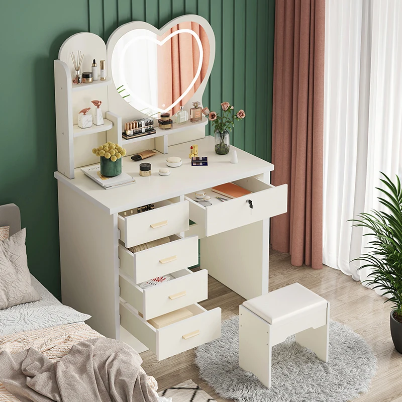 New design modern white wooden makeup vanity professional dressers dressing table with heart smart led light mirror and stool