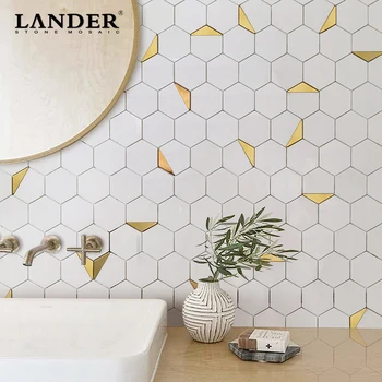 luxury hexagon mosaic bathroom tile kitchen backsplash thassos white stone gold metal copper brass waterjet marble mosaic tile