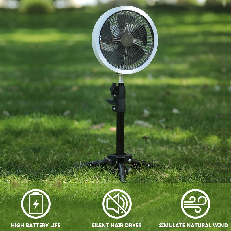 2024 Hot Sale Hangable USB Rechargeable Oscillating Fan Detachable LED Lights Summer Outdoor Camping Fan with Metal Tripod