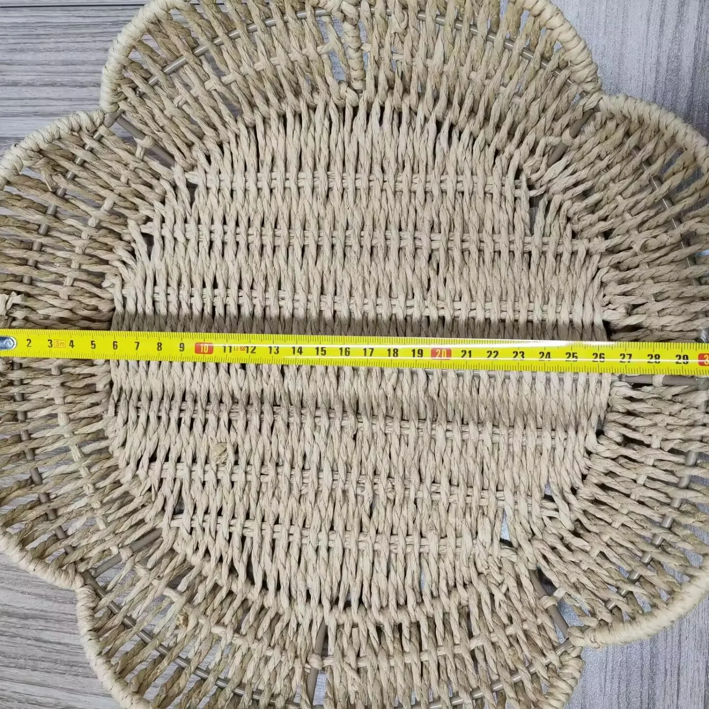 Hand woven small wicker basket, circular paper rope storage basket, with wooden handle