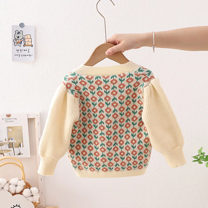 Korean style toddler clothing flower printing sweet baby girls knitted cardigan sweater boutique kids coat girl sweater
