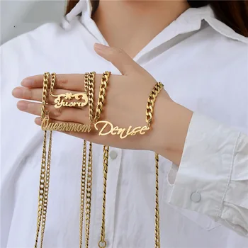 fashion letter jewelry curb cuban link chain customized name Old English Font 26 Capitalized Letter necklace for women men
