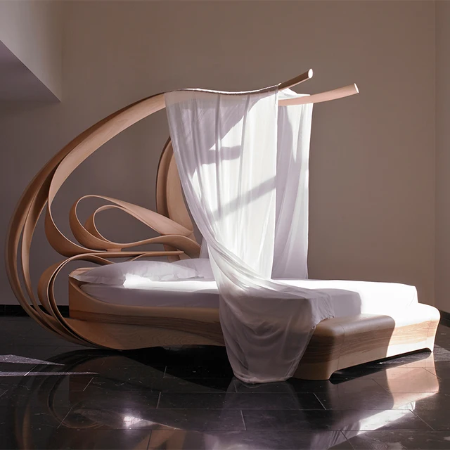 Hand-made Italian minimalist original curved solid wood bed