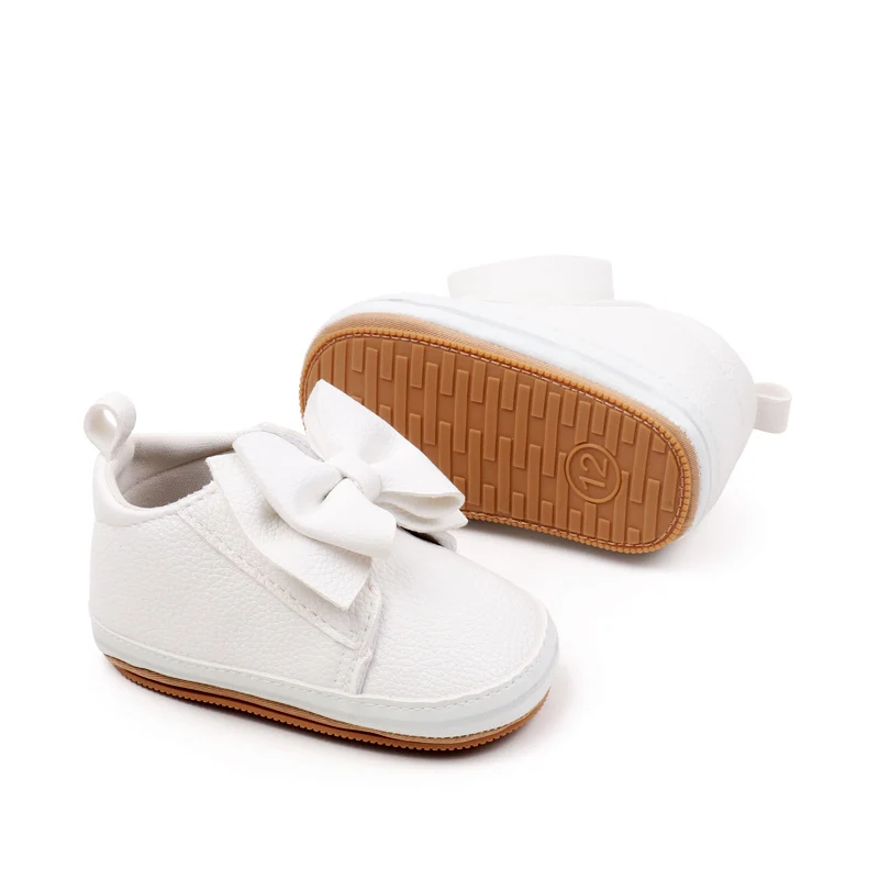 2024 Baby Girl Toddler Soft PU Material Shoes with Large Bow Hook Loop Design Flat and Non-Slip Rubber Bottom Solid Color details
