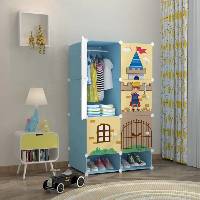 Simple designs small free assembly kids wardrobe portable storage folding cupboard baby wardrobe for clothes