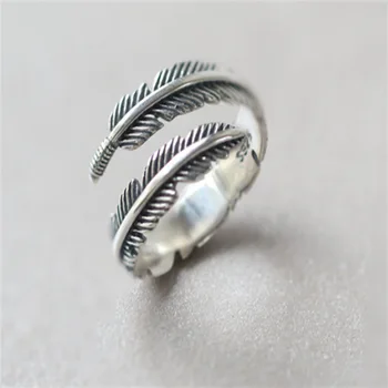 925 Sterling Silver Leaf Feather Shape Rings Silver Opening Adjustable Rings for Men or Woman
