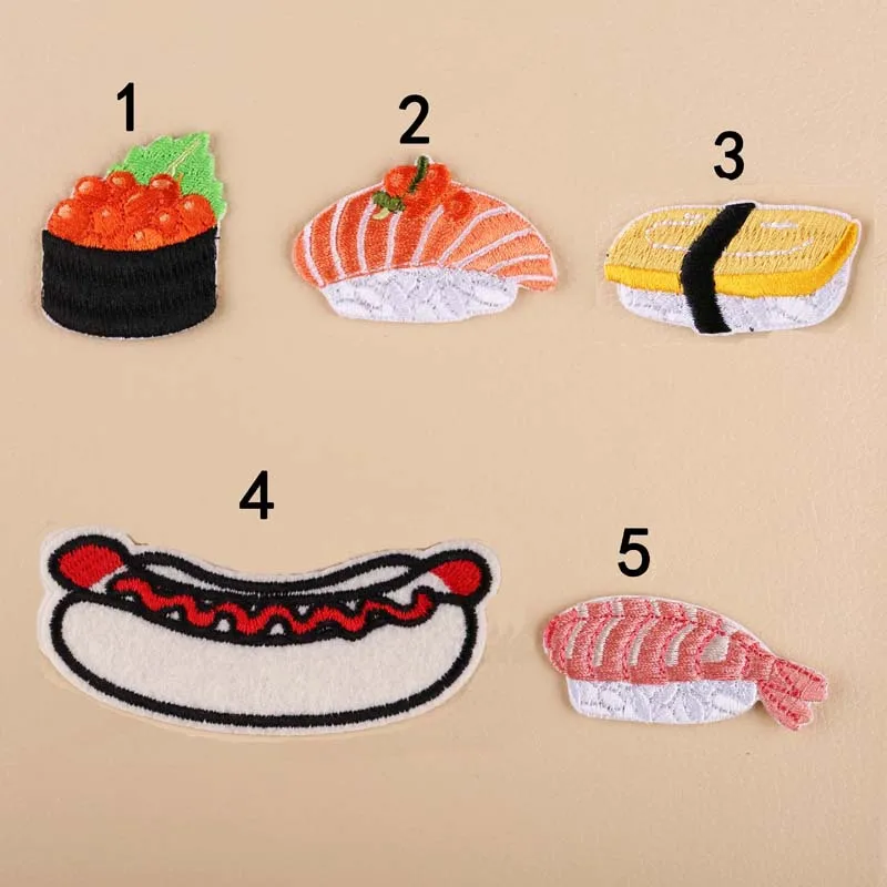 Computer Embroidery Iron On Food Patches Sushi Hot Dog And Shrimp Rice