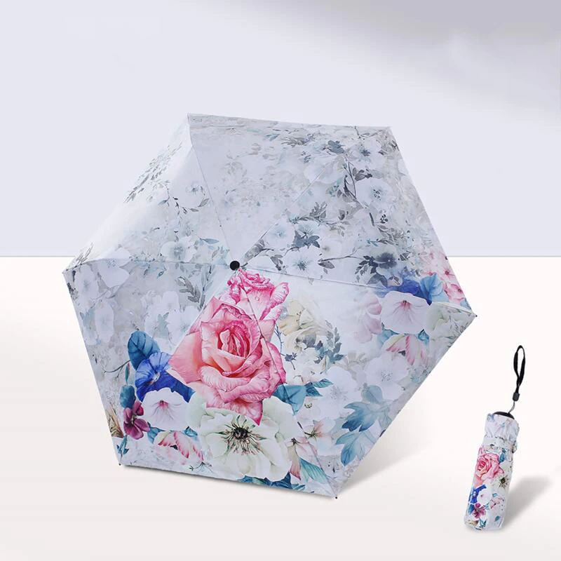 DD1278   UV Protection 5-Folding Full Printing Flower Umbrellas Compact Sunscreen Vinyl Parasol Rainy Sun Umbrella