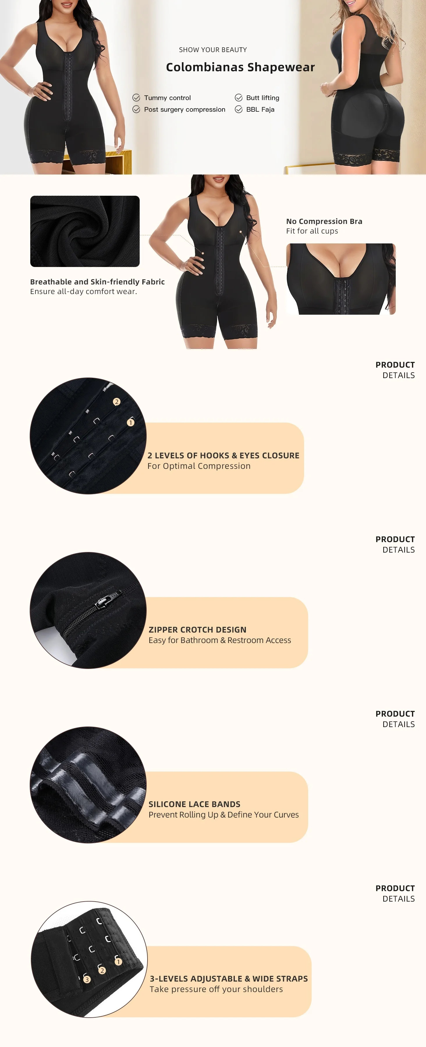 HKRXEC Zip-Front Mid-Thigh Tummy Control Shaping Bodysuit