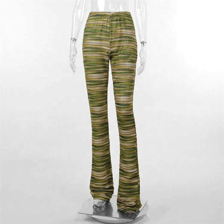 Green Colorful Striped Knitted Flare Pants Women Fashion 2023 Sexy High Waist Leggings