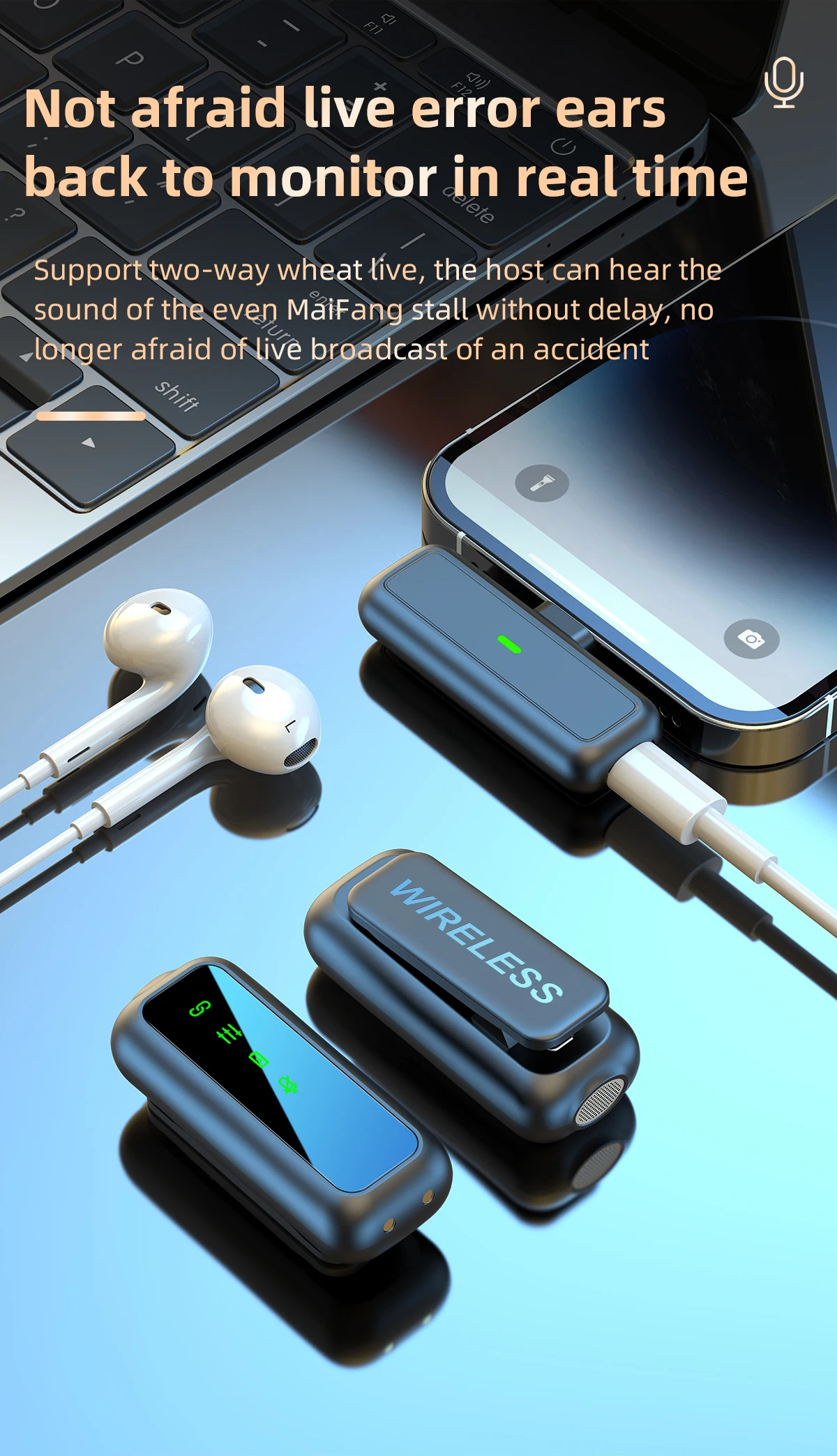 SX6 Lot de 2 microphones cravate sans fil pour iPhone et iPad avec étui de chargement et affichage numérique.