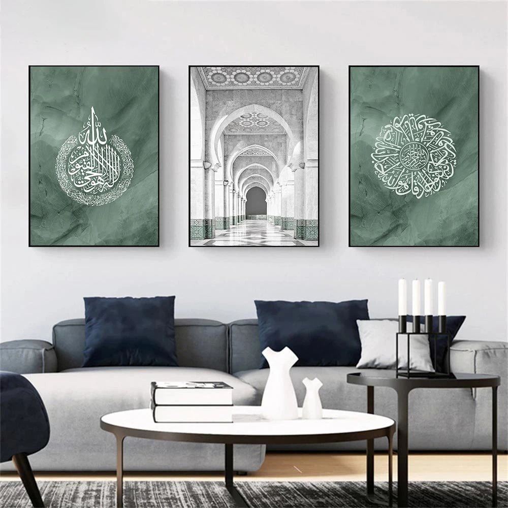 Living Room Decor Modern Wall Pictures Green Marbling Prints Calligraphy Posters Wall Art Islamic Home Decoration