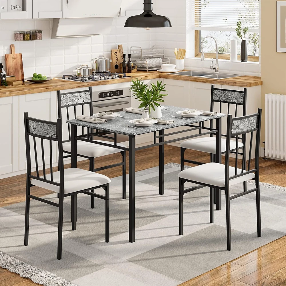 5-Piece Vintage Rectangular Dining Room Table Set 4 Faux Marble Kitchen Table Chairs Cushion Padded Seats Metal Wood Furniture manufacture