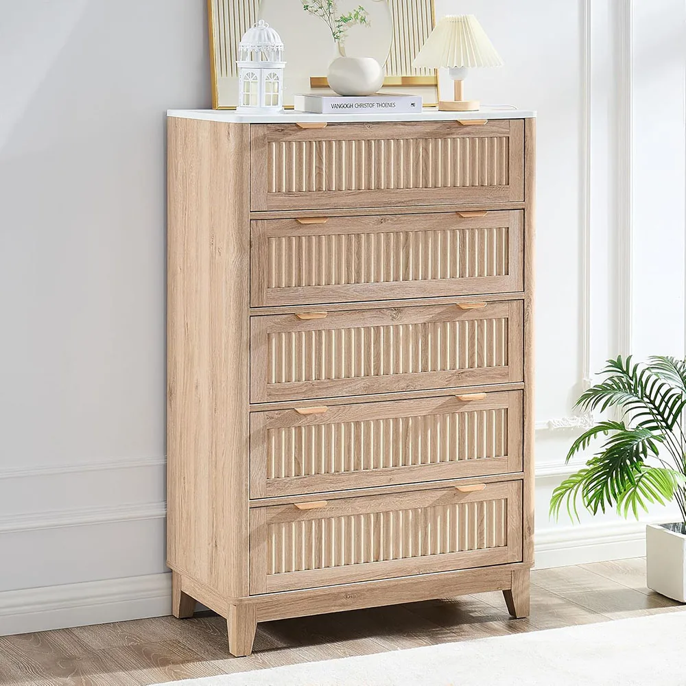 product modern 5 drawer fluted tall dresser with faux marble top oak wood and iron storage cabinet organizers for bedroom living room-2