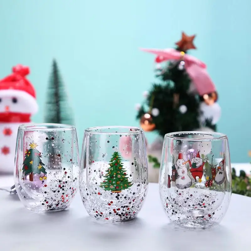 2023 tree Sequins high borosilicate double glass tumbler coffee mug for christmas gift presents