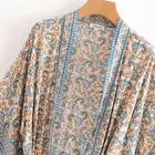 Loose Women Casual Spring Dress Lady Bohemian Style Floral Print Long Sleeves Lace Up Open Stitch Kimono