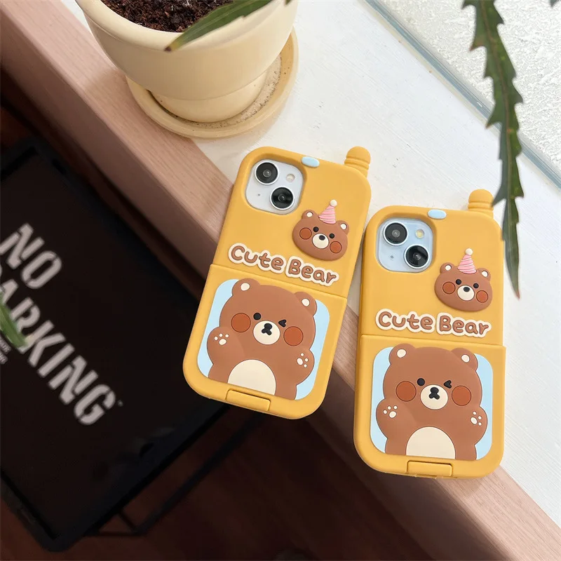 For Apple iPhone15 14 13 12 11 Pro Max Holder Mobile Phone Case Cartoon Cute Bear Mirror Cases Cover