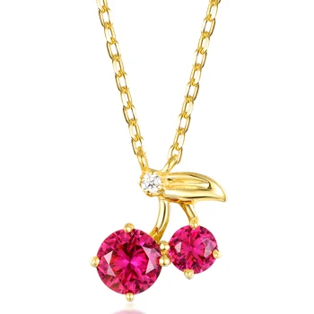 Custom Design Fruit Cherry Certified Fashion Women Red Corundum Real 18kt Gold Pendant Necklace