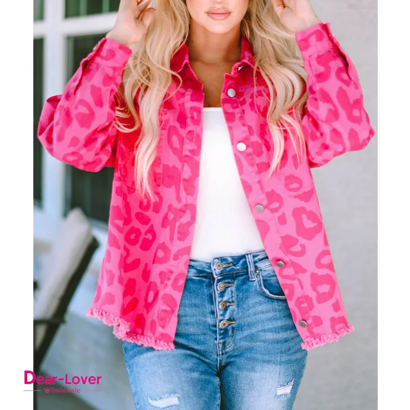Dear-Lover 2023 Wholesale Custom Leopard Western Clothing Cotton Cuffs Raw Jean Denim Jacket For Women