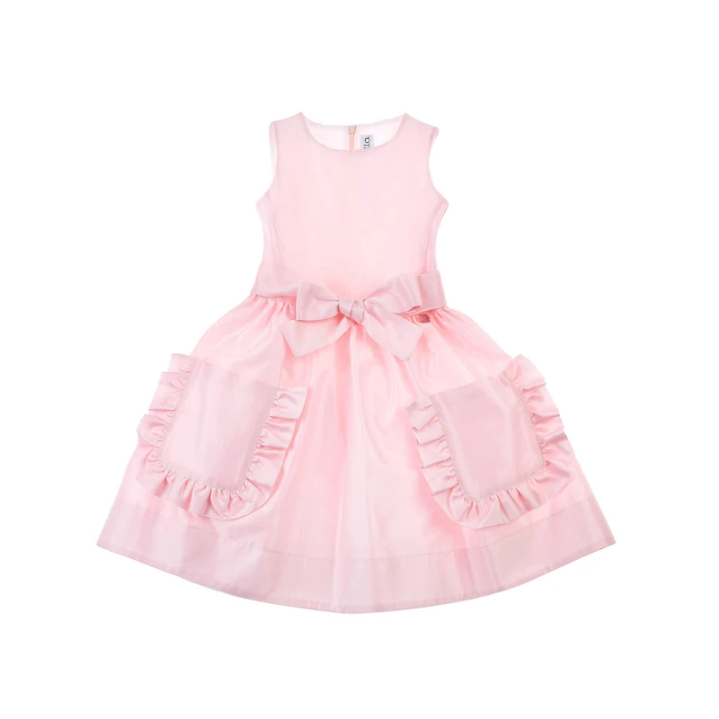 New design European style kids clothing pink sleeveless round neck girls party dress with ruffle pockets