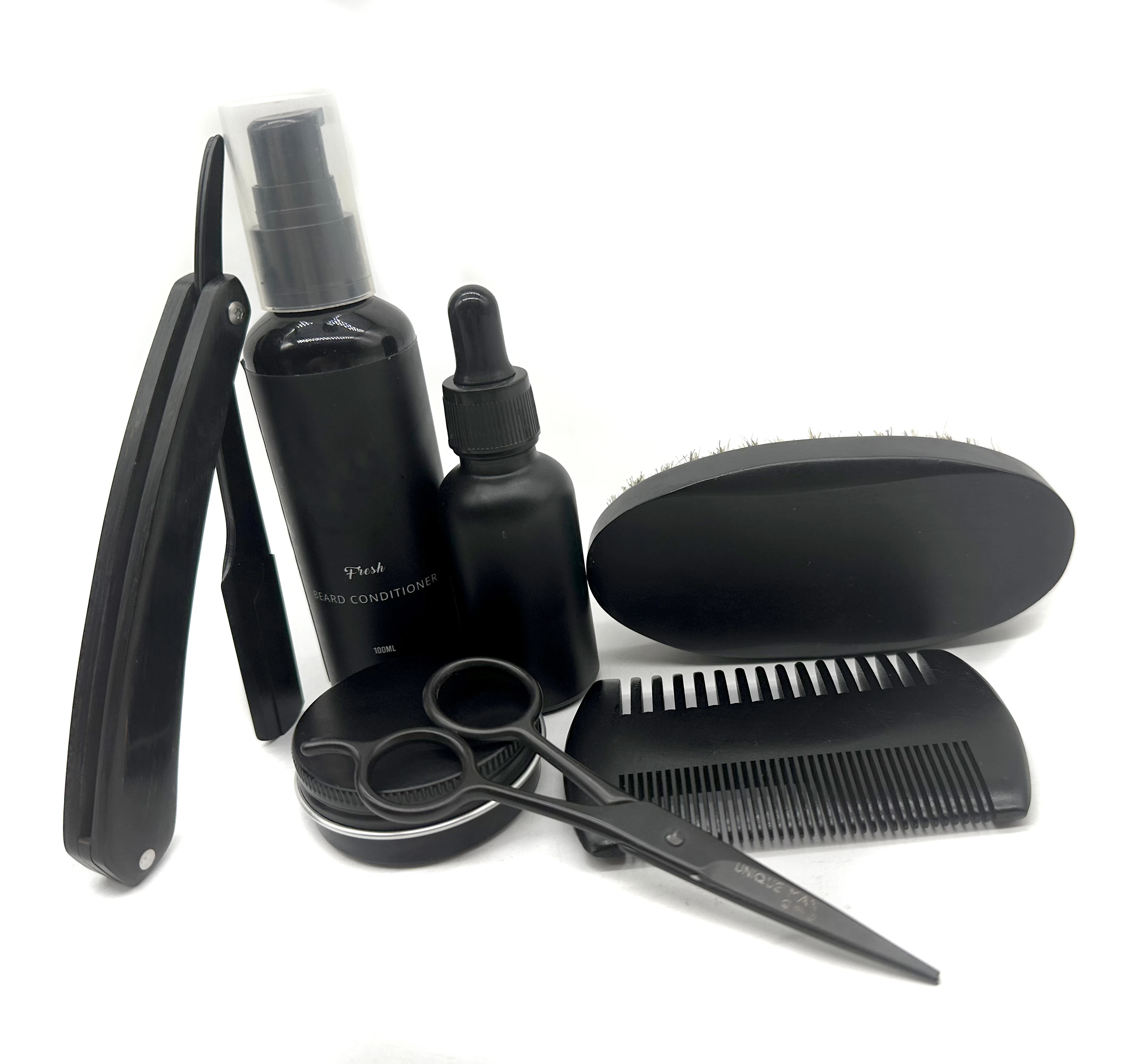 Black color set oem private label beard grooming kit face skin care wax kit included oil balm razor scissor for men beard