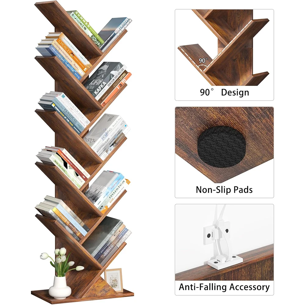 product 10 tier modern nu deco wooden floor standing narrow space storage organizer bookshelf for home office living room brown-2