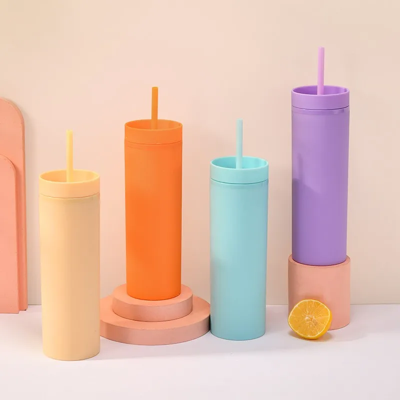 DIY Plastic Mug Blank BPA free Double Wall Acrylic Clear Skinny Tumblers Classic 16oz Acrylic Tumbler Cups with Straw
