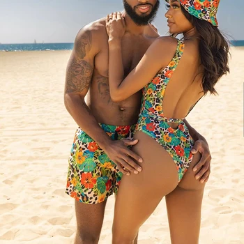 Customization Tropical Full Print Sexy One Piece Swimsuit Men Women Matching Couples Swimwear