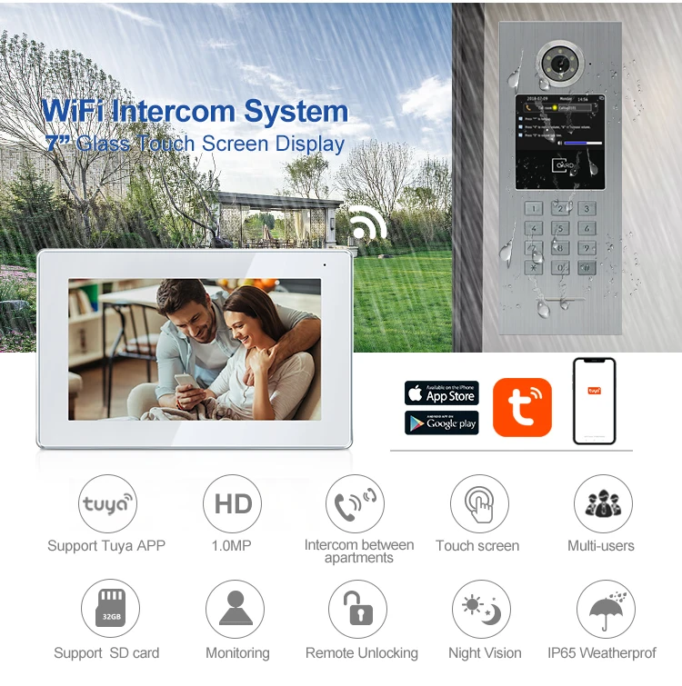7 inch video intercom for apartments touch screen RFID card/password/APP to open gate tuya video doorphone