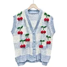 Vest 2021 Spring And Autumn New Ladies Girls Blue Plaid Sleeveless Cardigan Cherry Vest