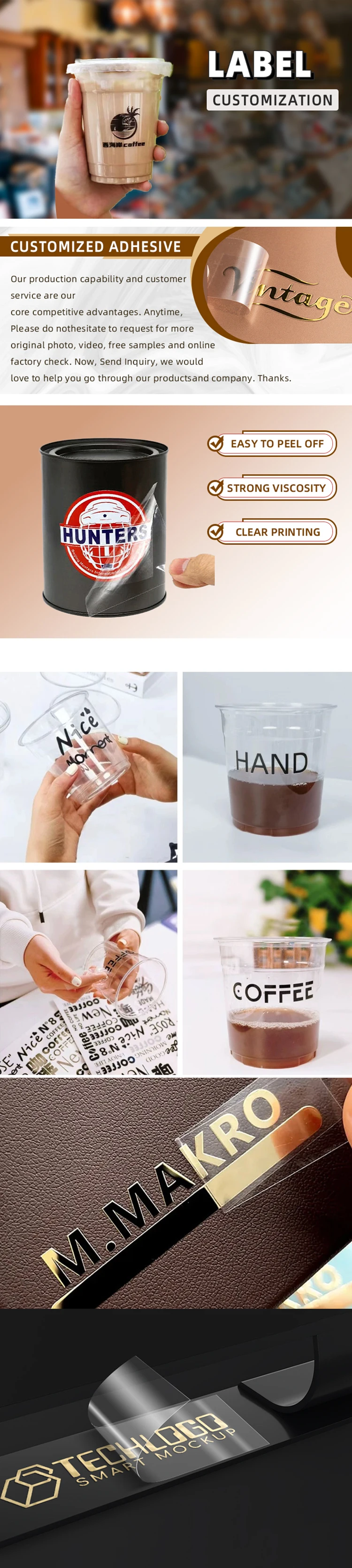 Custom Printed Waterproof Vinyl Stickers UV Transfer Craft Packaging Copper Material Permanent Adhesive Custom Color Logo DIY manufacture