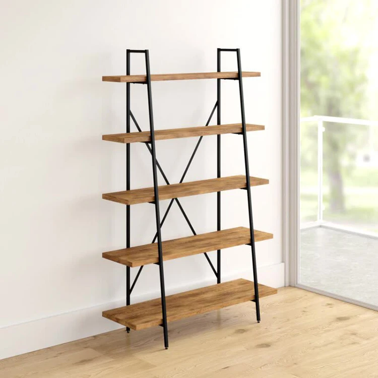 Wood Metal Home Office Shelf 5 Layer Ladder Decorate Display Book Rack