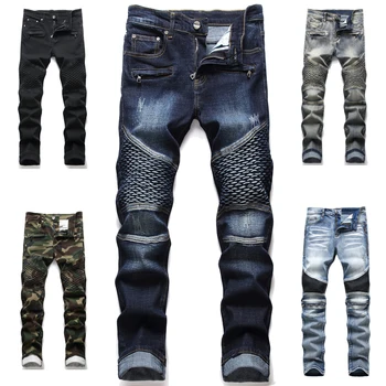 2022 Jeans For Men Quality Punk England Elastic Camouflage Fold Knee Thick Pants Mens High Street Biker Balman Jeans Slim