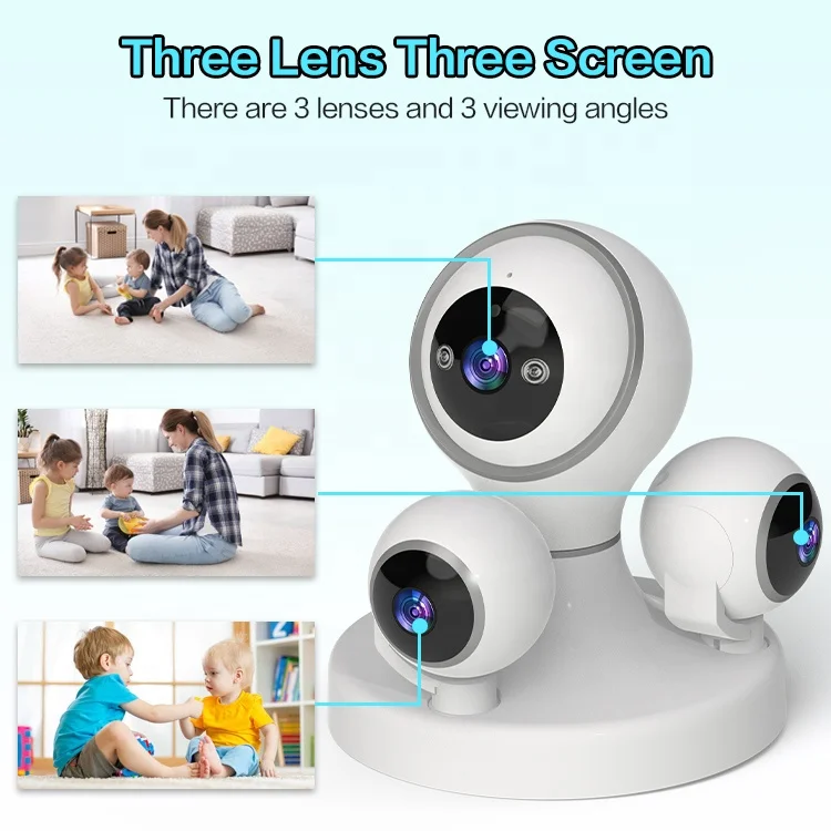 Mini 12mp Smart Home Surveillance Wifi Wireless Network Security Ptz Ip Three Lens Indoor Baby&Pet Home Security Camera