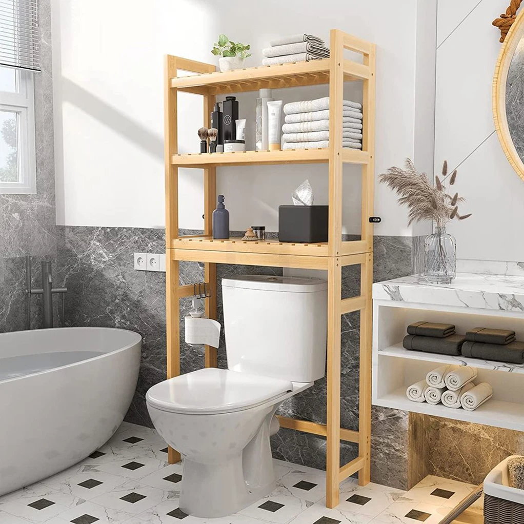 Customized Multifunction Bathroom Laundry Save Space 3 Tier Bamboo Toilet Storage Shelf Toilet Organizer Rack