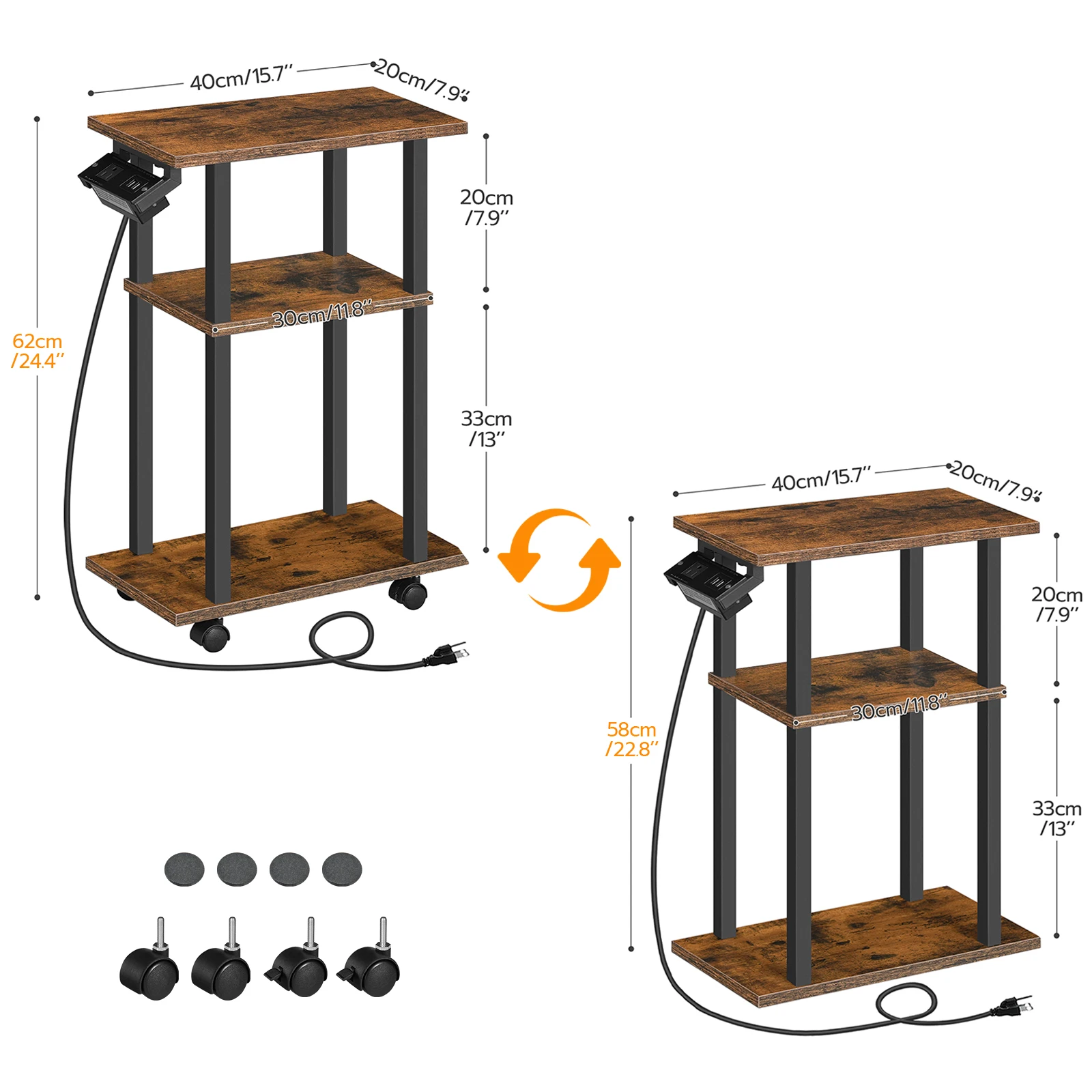 Wholesale Industrial Style Brown Three Tier Side Table with Shelves Narrow Bedside Table Small Sofa End Table for Living Room