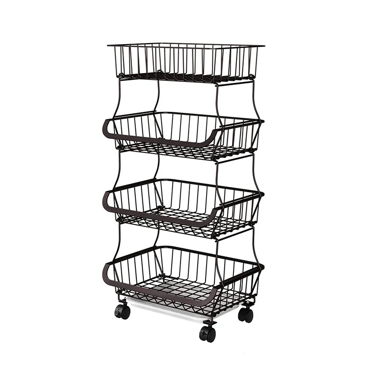 Rolling Stackable Baskets 4 Tiers Metal Utility Storage Organizer Cart with Lockable Casters for Kitchen Pantry Bathroom