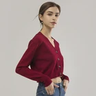 New Autumn Red Short Slim Top V-neck Slim Long Sleeve Sweater Women's Coat