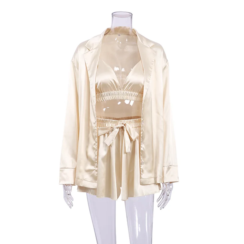 2023 new design Champagne silk ladies pajamas vest shorts shirt outer wear elegant French bridal dress clothes women