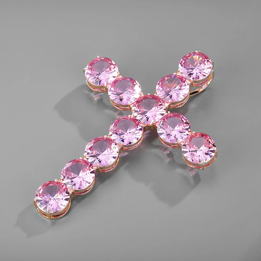 Top Icy High Quality Pendant Jewelry Hip Hop Super Large Pink Black Zircon Cross Pendant Necklace Women