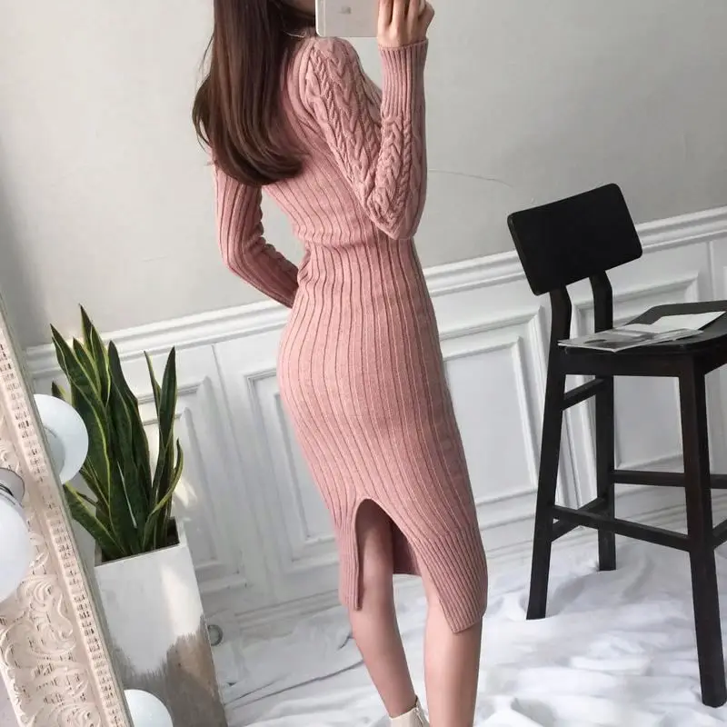 Custom women sweater clothing bodycon high neck long sleeve casual knitted long sweater dress