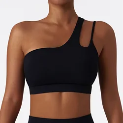 YIYI INS Hot Hollow Out Shockproof Workout Tops Push Up Solid Color One Shoulder Crop Top Breathable S-XL Sports Bra Tank Tops