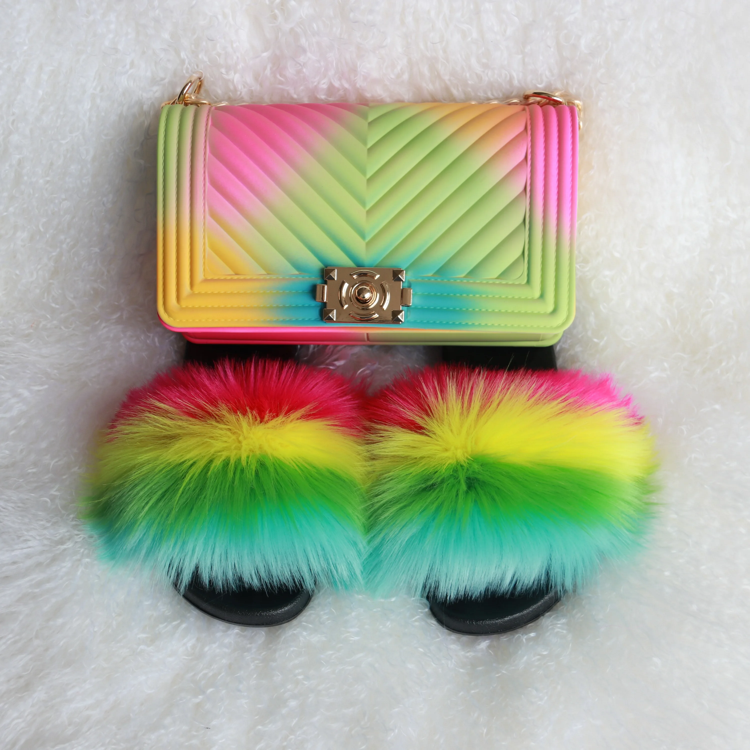 rainbow fur slides with purse