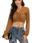 Tops New Fashion Women Breathable Sexy Crop Shirt V- Neck Long Sleeve Drawstring String Tops