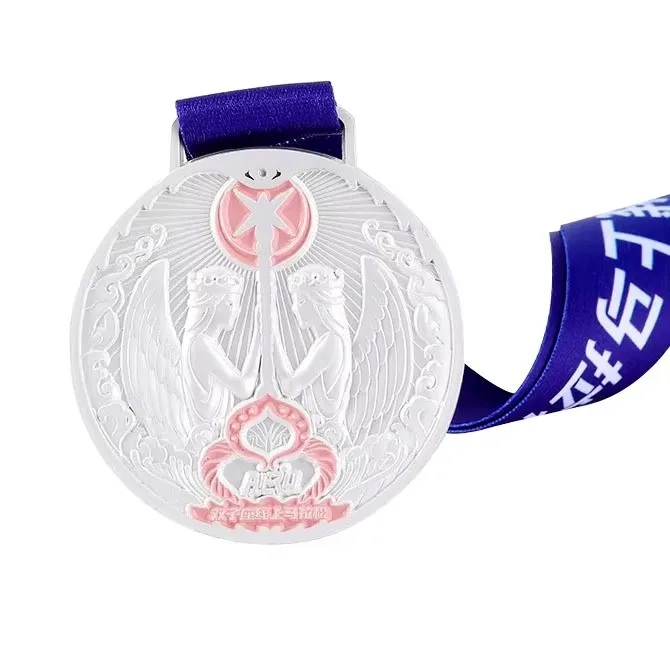 High Quality Custom Marathon Medal Souvenir Zinc Alloy Sport Silver Metal Medals With Ribbon factory
