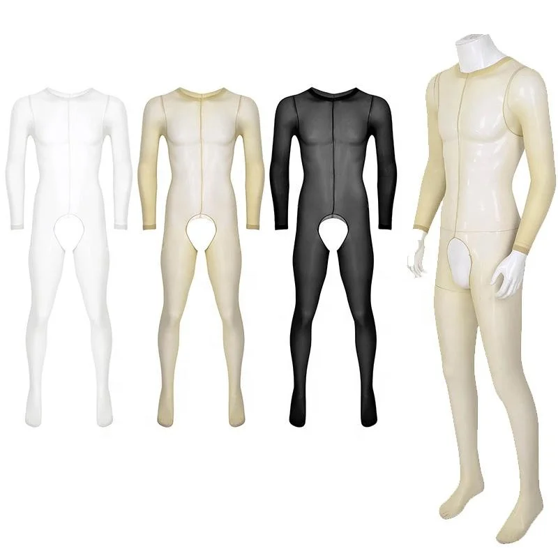 In Stock Mens Sheer Mesh See Through Crotchless Full Body Pantyhose Skinny Tights Bodystockings Male Sexy Catsuit