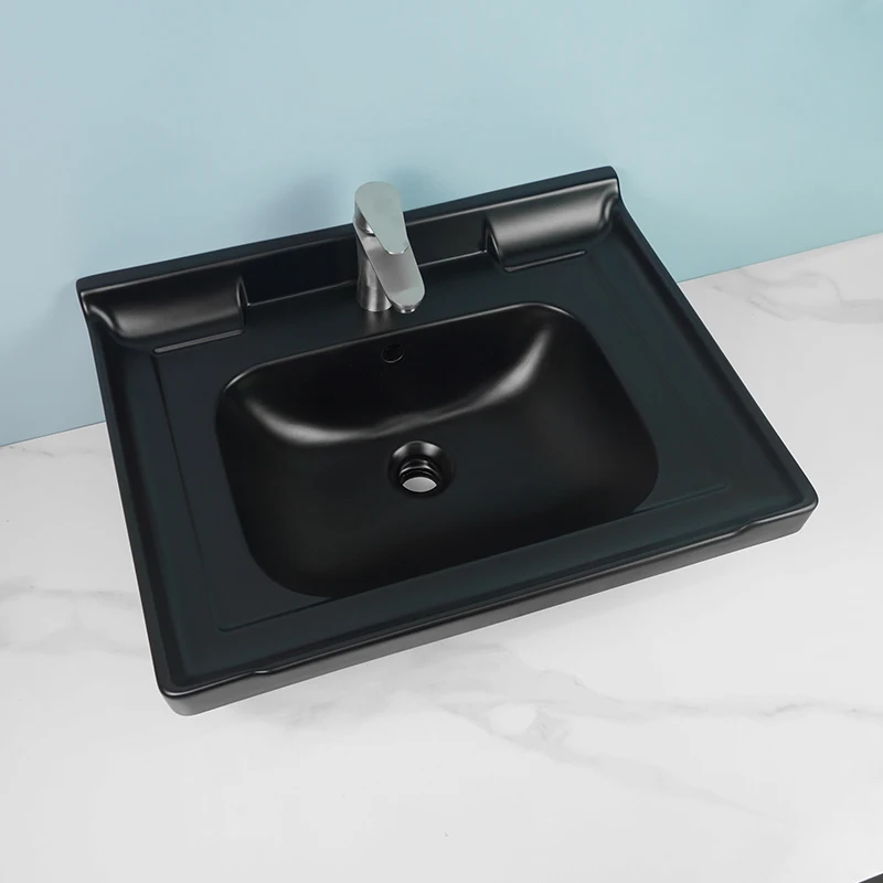 Tarpul Hot Selling Modern Hotel Ceramic Bathroom Vanity Cabinet Rectangular Mat Black Sink Basin Overflow Basin Overflow factory