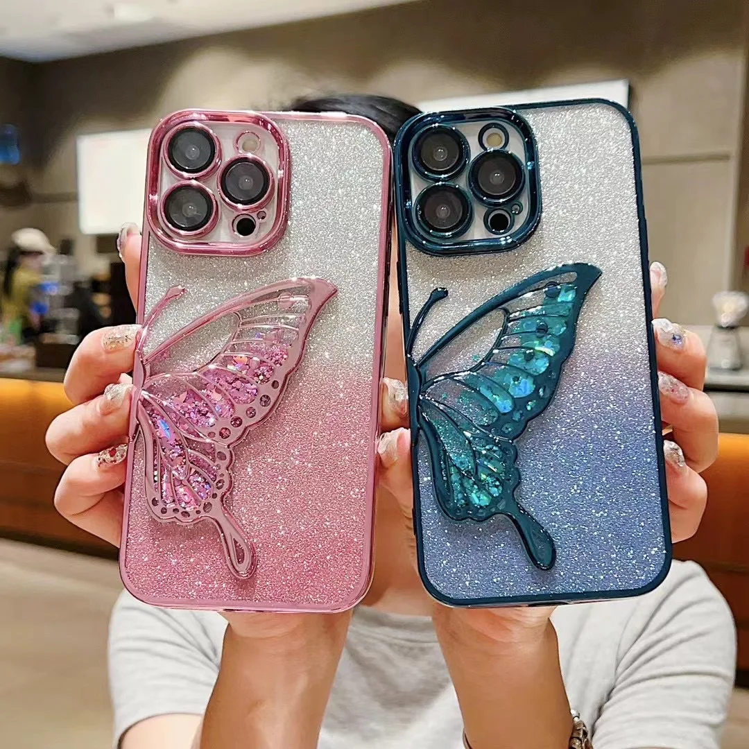 For iPhone 15 Phone Case Glitter Sand Butterfly Electroplating Lens Film TPU Transparent Soft Shell Cover